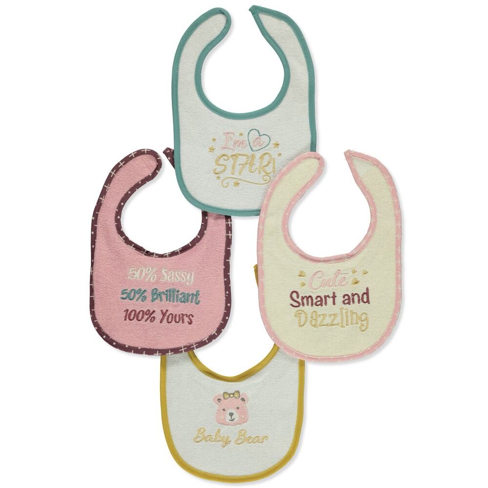 Petite L'Amour Baby Girls' 4-Pack Baby‎ Bibs One Size Pink Cute Sassy Star Bear